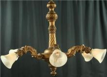 Very Large Antique Italian Gilt Oak Chandelier, Ornate Carving, 6 Glass Shades