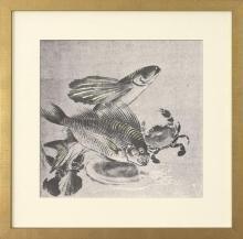 New Fine Art Print, Japanese Fish Carp Crab, Reproduction Litho 1875, Framed