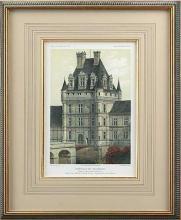 Repro Art Print, Ancient French Castle Litho, Water Filled Moat, Hand Colored
