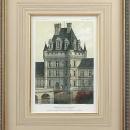 Repro Art Print, Ancient French Castle Litho, Water Filled Moat, Hand Colored