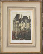 Hand Colored Fine Art Giclee Print, Ancient French Castle, Moat, 1861 Litho
