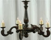 Ornate Vintage Carved Oak French Chandelier, Dark Finish, 5 Arms, Fluting