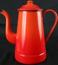 Antique French Red Orange Enamelware Kettle Pitcher