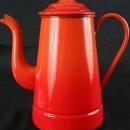 Antique French Red Orange Enamelware Kettle Pitcher