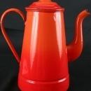 Antique French Red Orange Enamelware Kettle Pitcher