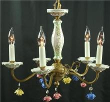 Vintage Capodimonte Chandelier, 1950s Italy, 5-Arm, Blue/Yellow/Red Flower Drops