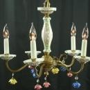 Vintage Capodimonte Chandelier, 1950s Italy, 5-Arm, Blue/Yellow/Red Flower Drops