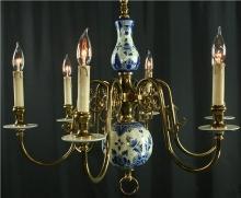 Vintage Hand Painted Blue Delft Chandelier, 1950 Holland, Scalloped Body, 6 Arms