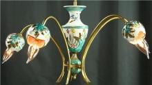 Vintage 1960 5-Arm Chandelier from Belgium, Brass, Ceramic, Aqua/Gold Accents