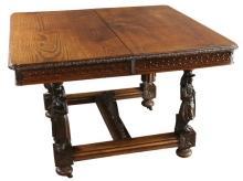 Antique Dining Table, France 1880, Brittany Fine Carved Chestnut, Figurine Legs