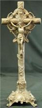1920 Crucifix Art Nouveau Metal Oak Leaf Motif Jesus Christ Standing 15-203