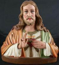 Antique French Chalkware Bust Jesus Christ Sacred Heart