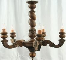 Large Vintage French Oak Barley Twist Chandelier, 5 Arms, Renaissance Style