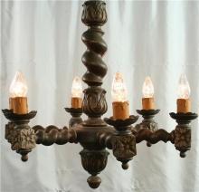 Large Vintage French Chandelier, Dark Oak, Carved, Hunting Style