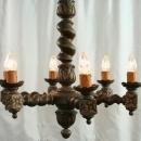Large Vintage French Chandelier, Dark Oak, Carved, Hunting Style