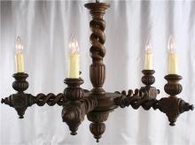 Antique Chandelier, French Hunting Style, Double Barley Twist Oak, 5 Arms, Large