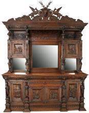 Large Antique Buffet 1880, Mechelen Carved Oak, Tavern Scenes, Stag/Lion/Gryphon