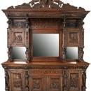 Large Antique Buffet 1880, Mechelen Carved Oak, Tavern Scenes, Stag/Lion/Gryphon