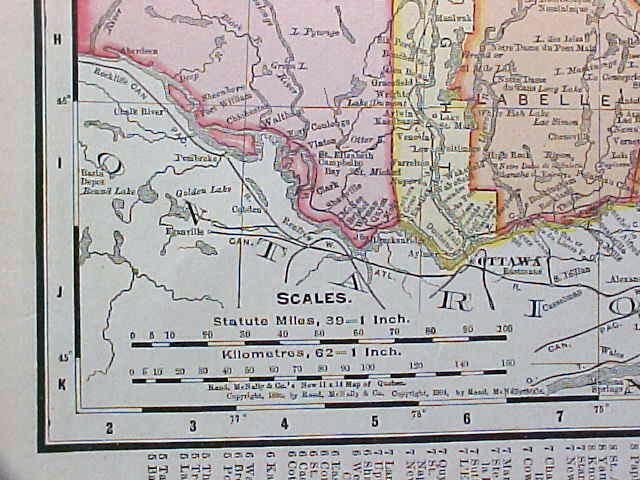 Map Ontario & Quebec 1907 Rand McNally
