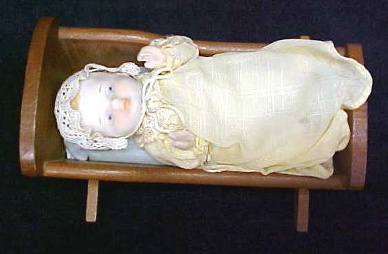 Miniature Bisque Baby Doll + Cradle