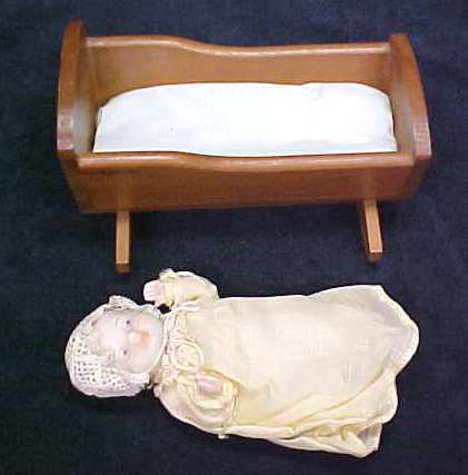Miniature Bisque Baby Doll + Cradle