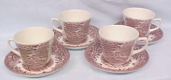 Grindley Teacups Saucers Red Transferware
