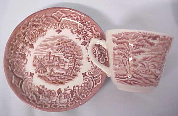 Grindley Teacups Saucers Red Transferware