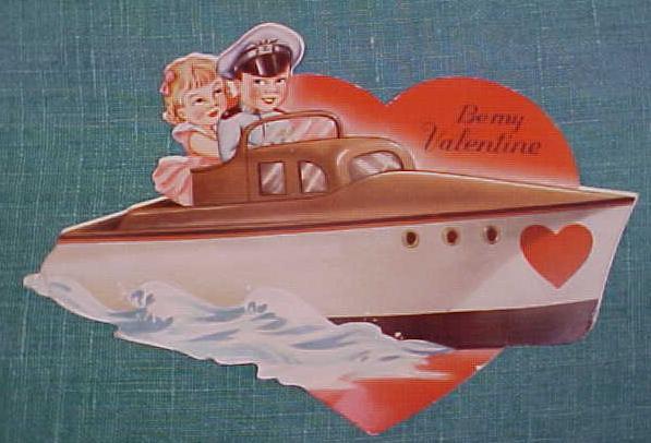 Antique Valentines Card Boy & Girl Cabin Cruiser