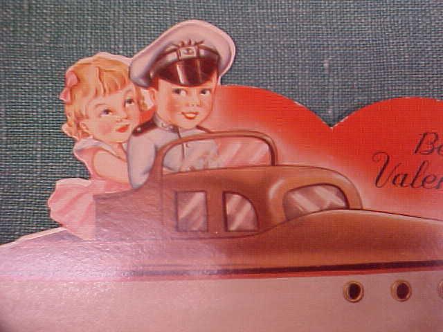 Antique Valentines Card Boy & Girl Cabin Cruiser