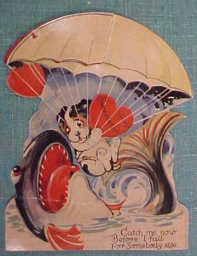 Antique Valentines Card Puppy in Parachute Fold Out