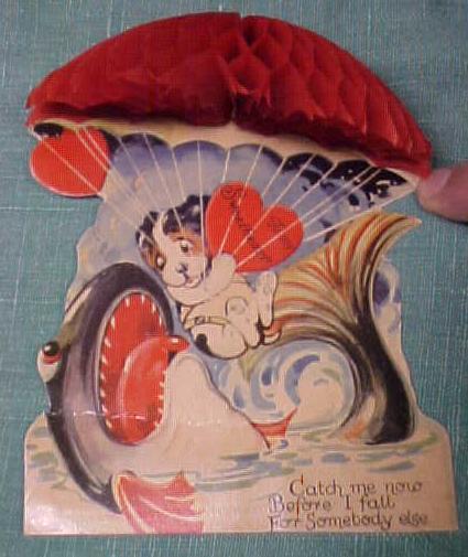 Antique Valentines Card Puppy in Parachute Fold Out