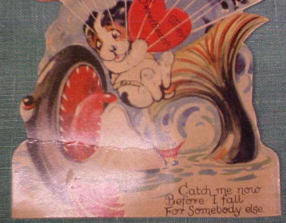 Antique Valentines Card Puppy in Parachute Fold Out