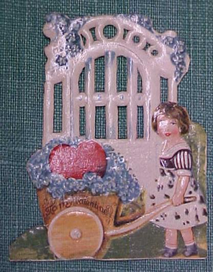 Antique Valentines Card Garden Scene Cut Out