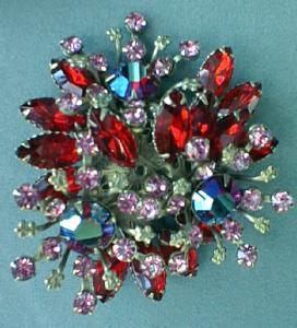 Brooch Pin Red Floral Spray Rhinestone Exquisite