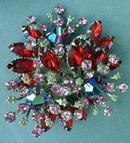 Brooch Pin Red Floral Spray Rhinestone Exquisite