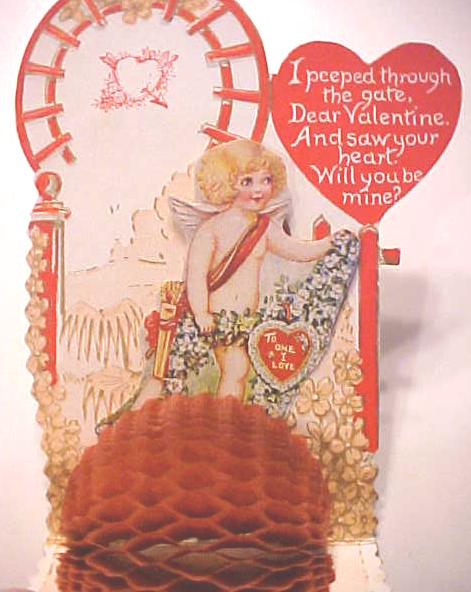 Honeycomb Valentines Card Cherub Antique Near Mint