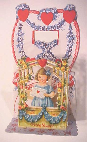 Valentines Card Girl Gate Flowers Germany Fold out Antique