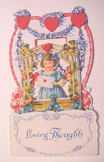 Valentines Card Girl Gate Flowers Germany Fold out Antique
