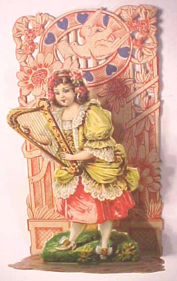 Antique Valentines Card Fold Out Germany Girl with Harp