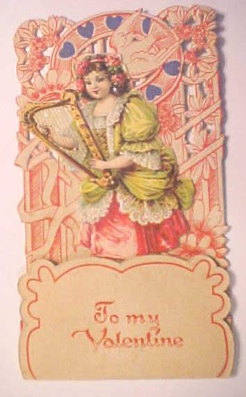 Antique Valentines Card Fold Out Germany Girl with Harp