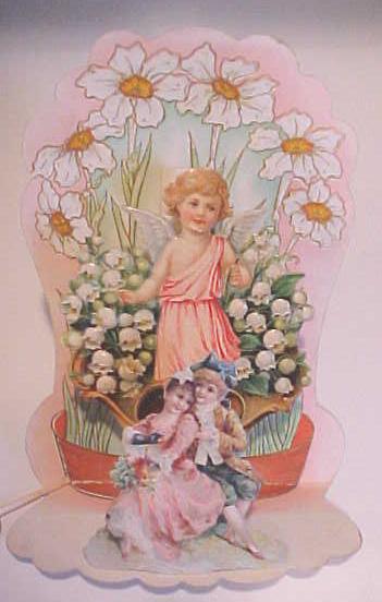 Antique Valentines Card Cherub Floral Fold Out