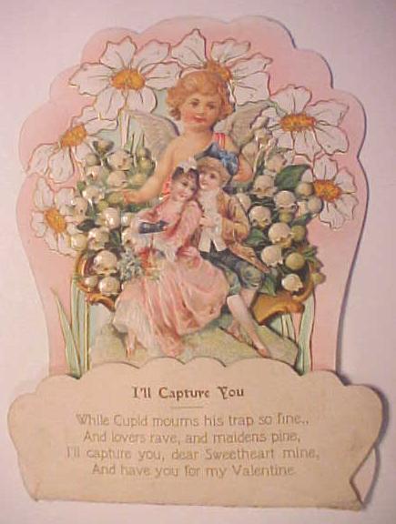 Antique Valentines Card Cherub Floral Fold Out