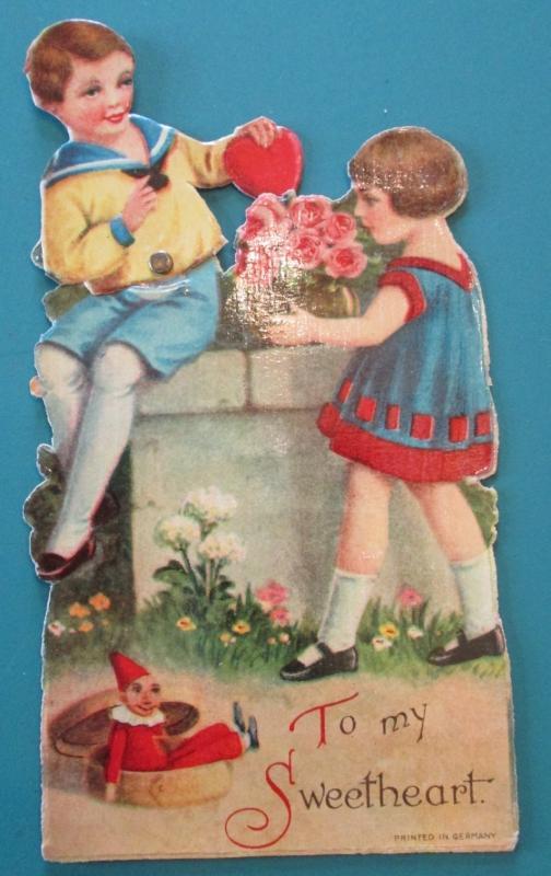 Roses Valentines Card 1930's Mechanical Boy Girl