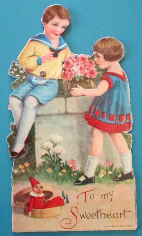 Roses Valentines Card 1930's Mechanical Boy Girl