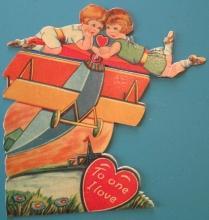 Airplane Valentines Card 1930's Mechanical Boy Girl