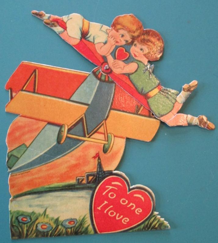 Airplane Valentines Card 1930's Mechanical Boy Girl