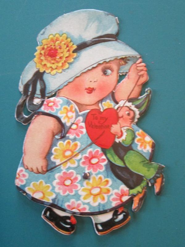 Cute Girl Valentines Card 1930's Mechanical Walker