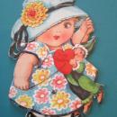 Cute Girl Valentines Card 1930's Mechanical Walker