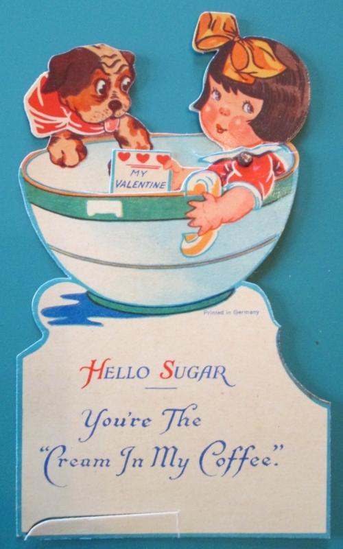 Coffee Girl Valentines Card 1930's Mechanical Sugar