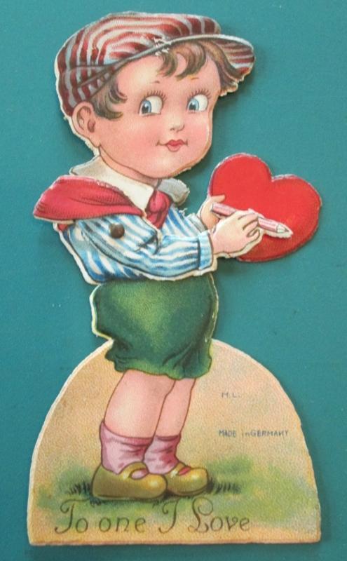Boy w/Pencil Valentines Card 1930's Mechanical